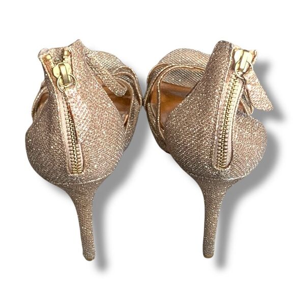 Badgley Mischka Gold Glitter Heels Size 9 Zip Back Strappy Platform Stilettos - Picture 6 of 11